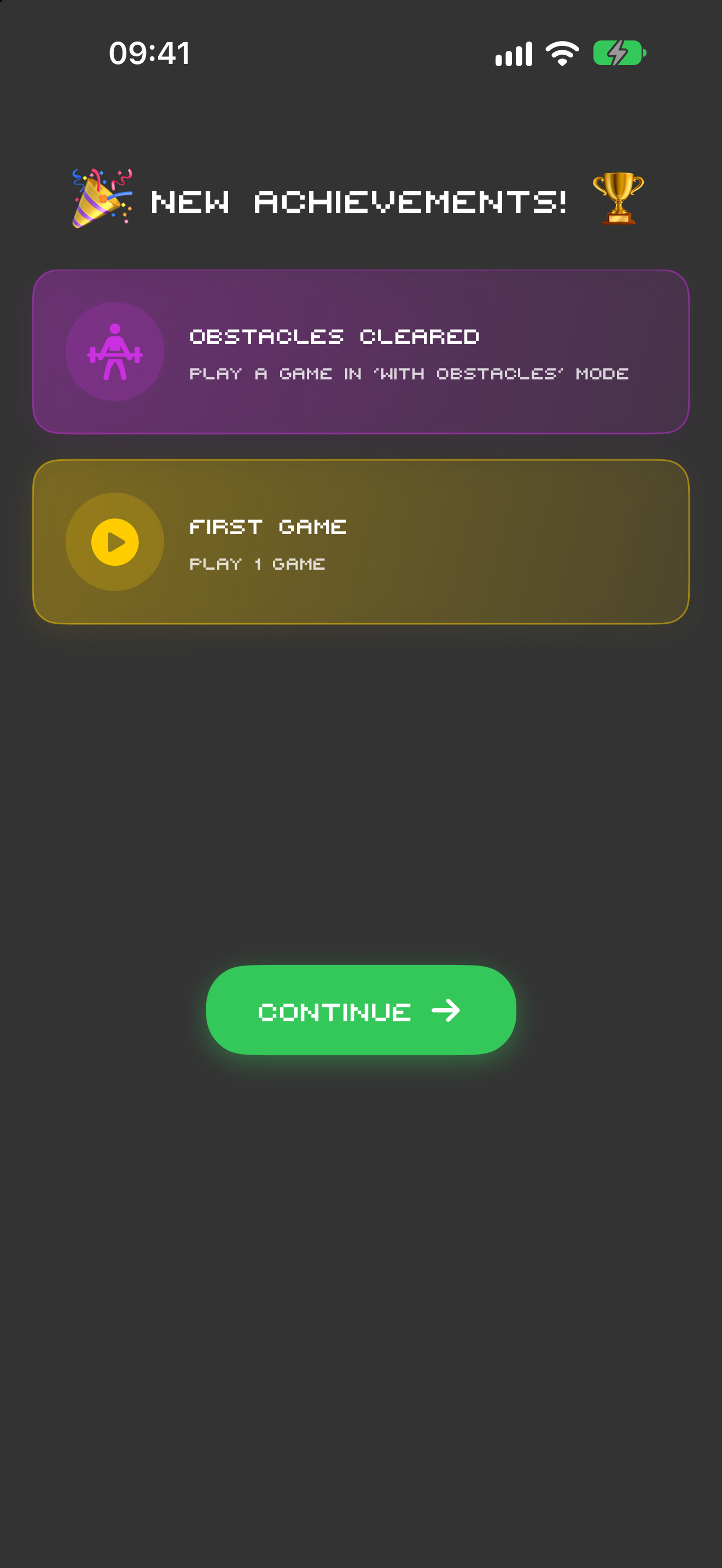 New achievements screen after a round: Obstacles Cleared and First Game