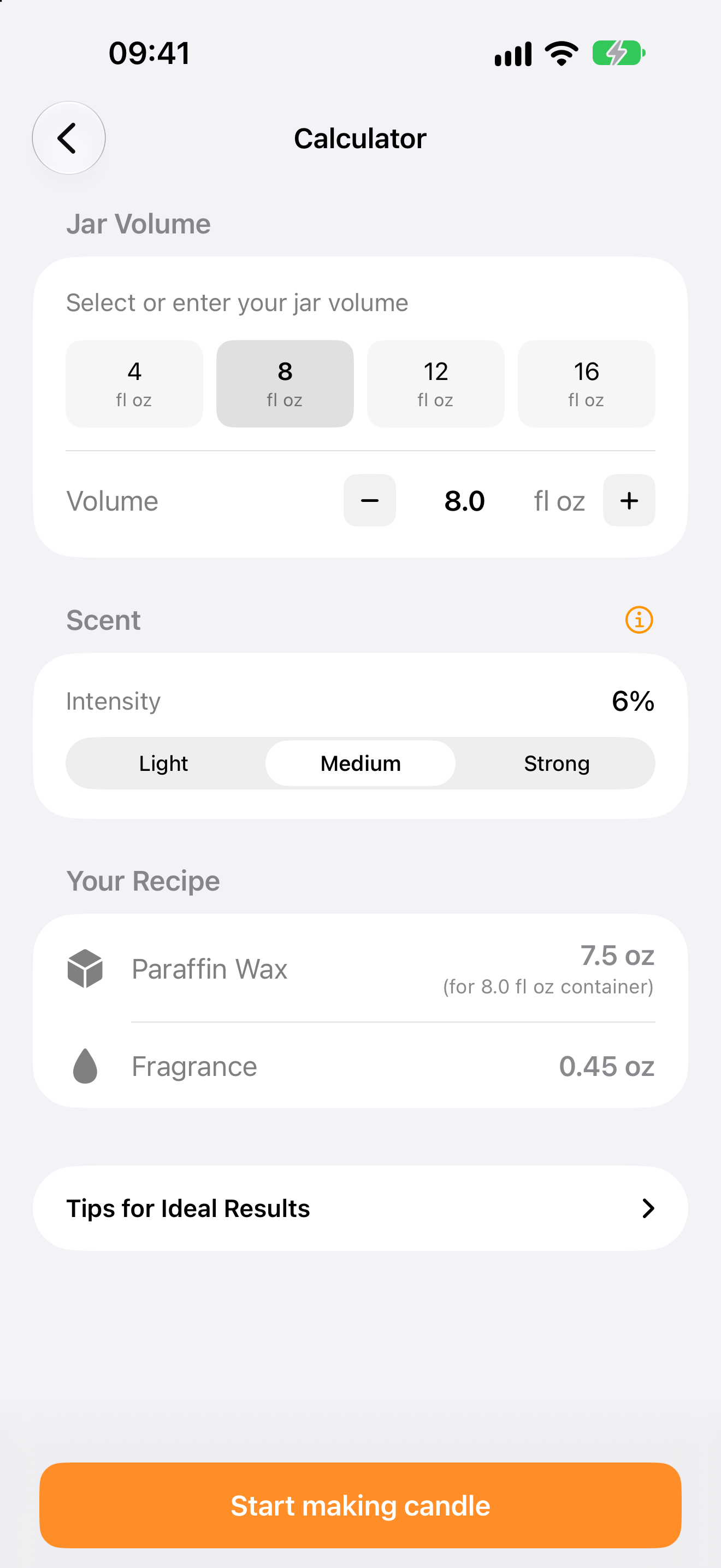 Calculator: an 8 fl oz jar with medium scent — 7.5 oz wax and 0.45 oz fragrance