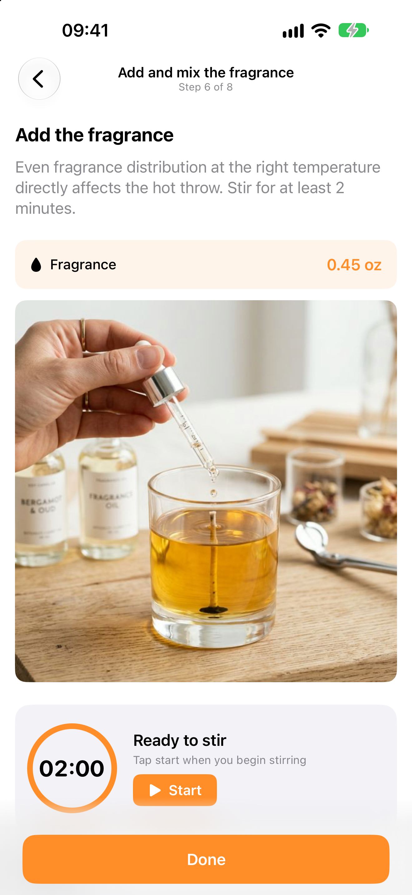Step 6 of 8: add the fragrance, a process photo and a 2-minute timer