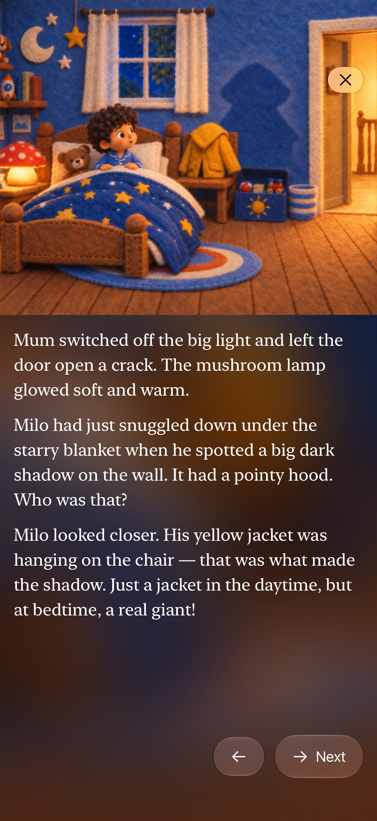 A page from “Milo and the Night Without Fear”: illustration on top, text about the jacket’s shadow below