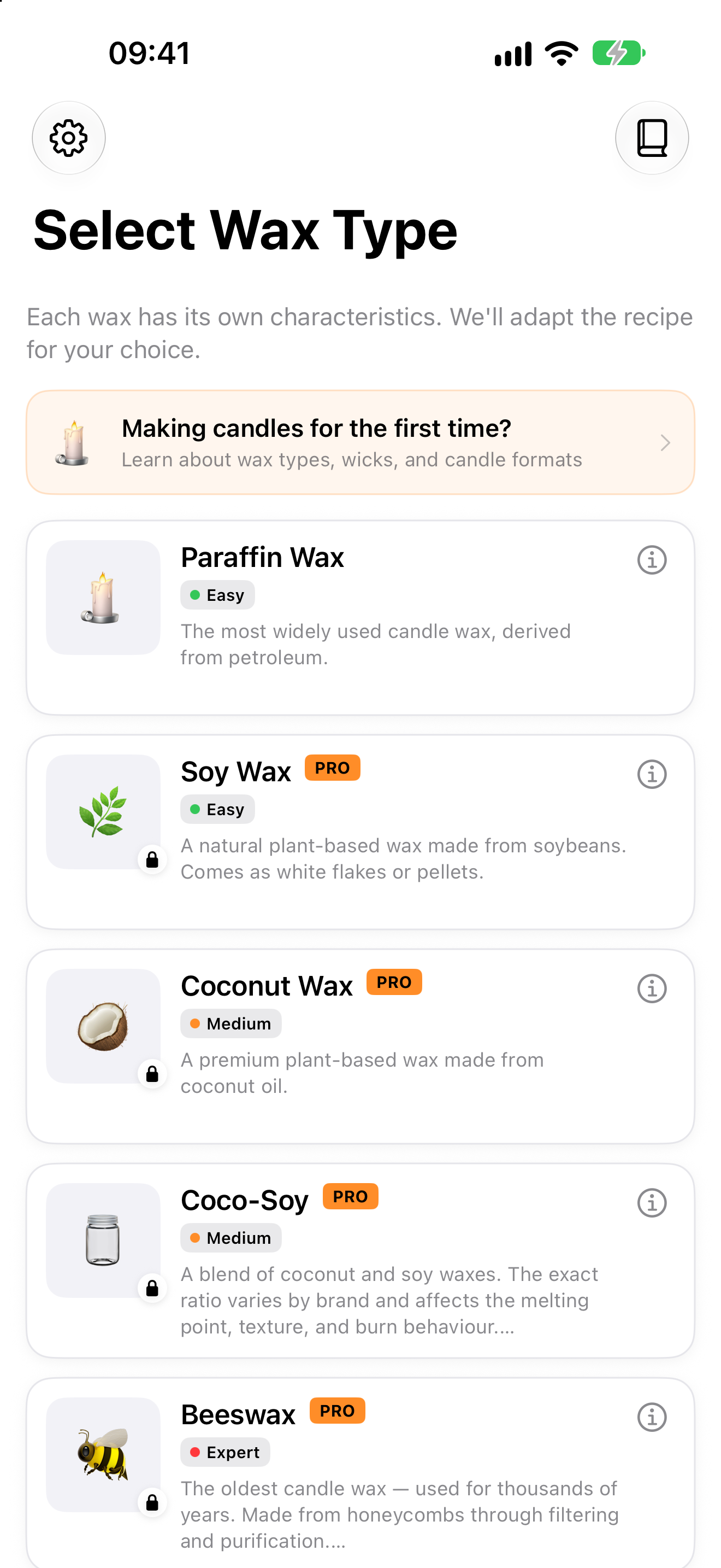 Wax Lab wax selection screen on iPhone